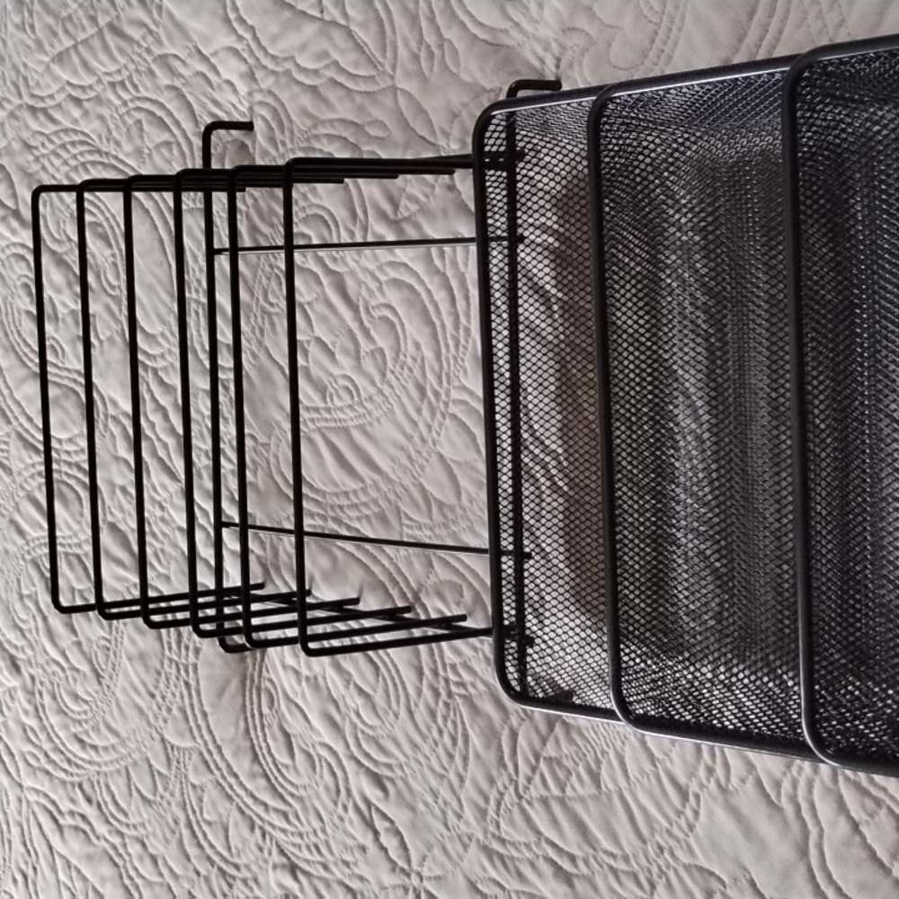 Three individual metal mesh file trays plus large letter, file holder